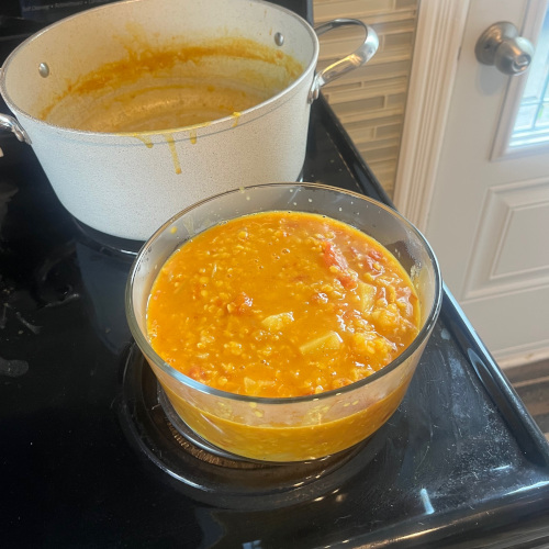 The leftovers after serving three people – most of the pot was left!